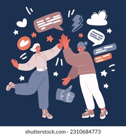 Cartoon vector illustration of Happy people giving high five. Friends greeting or supporting each other. Informal hi gesture. Concept of friendship, partnership and success. Granny and granddaughter