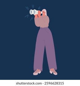 Cartoon vector illustration of Happy pretty woman looking through pretend binoculars. Doing binoculars gesture, looking in distance and smiling over dark background