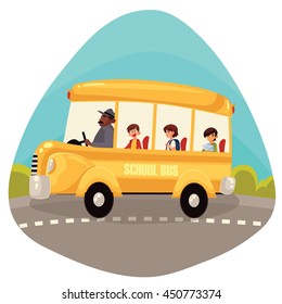 Cartoon vector illustration of happy primary students riding school bus. Traditional yellow schoolbus on the road, driver taking pupils to school trip countryside