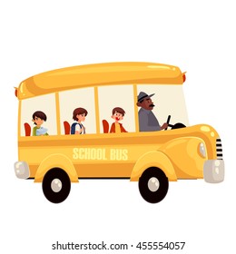 Cartoon vector illustration of happy primary students riding school bus. Traditional yellow schoolbus on the road, driver taking pupils to school trip countryside