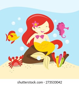 A cartoon vector illustration of a happy red hair mermaid sitting on a rock underwater.