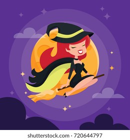 A cartoon vector illustration of a happy retro pin up witch flying on a broomstick over dark halloween night sky.