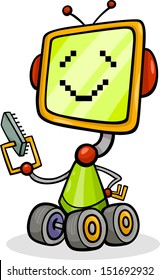 Cartoon Vector Illustration of Happy Robot or Droid with Micro Chip or Microprocessor