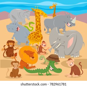 Cartoon Vector Illustration of Happy Safari Animal Characters Group