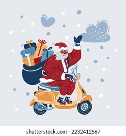 Cartoon vector illustration of happy Santa Claus with a gift sack riding a scooter.