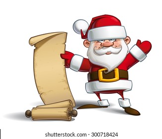 Cartoon vector illustration of a happy Santa Claus showing a ready to be filled gift-list scroll.