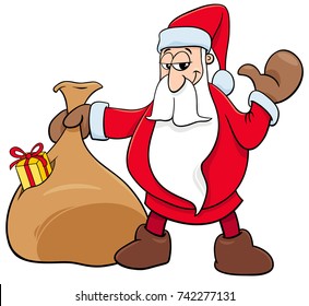 Cartoon Vector Illustration of Happy Santa Claus Christmas Character with Sack of Gifts