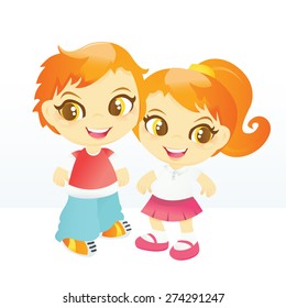 A cartoon vector illustration of a happy school boy and girl.