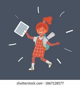 Cartoon vector illustration of Happy schoolgirl with backpack s isolated on dark background