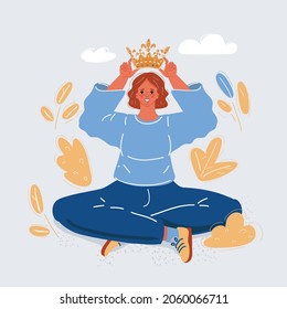 Cartoon vector illustration of happy self-confident woman put crouwn in her head