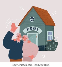 Cartoon vector illustration of Happy senior couple near their little house wave together