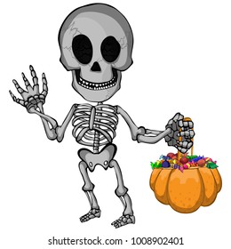 A cartoon vector illustration of a happy skeleton going trick or treat for halloween.