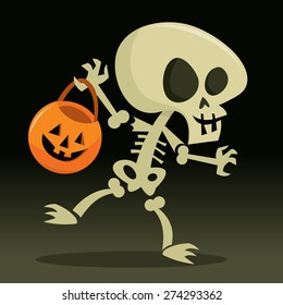 A Cartoon Vector Illustration Of A Happy Skeleton Going Trick Or Treat For Halloween.