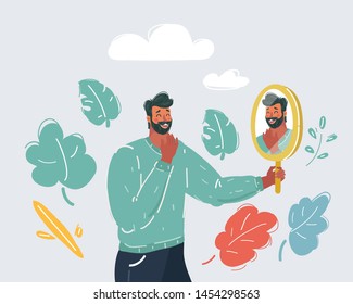 Cartoon vector illustration of Happy smiling narcissistic man looking at mirror.