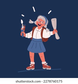 Dibujo vectorial de la niña sonriente feliz, niña escolar, de vuelta al concepto escolar sobre fondo oscuro