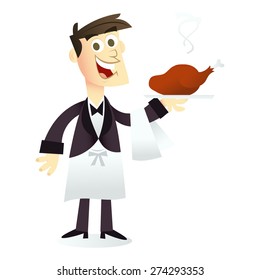 A cartoon vector illustration of a happy smiling waiter holding a dish.