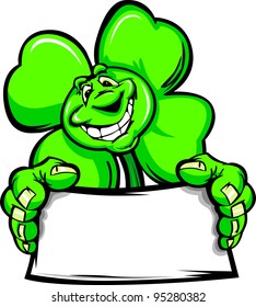 Cartoon Vector Illustration of a Happy Smiling Four Leaf Clover holding a Sign on St Patrick's Day