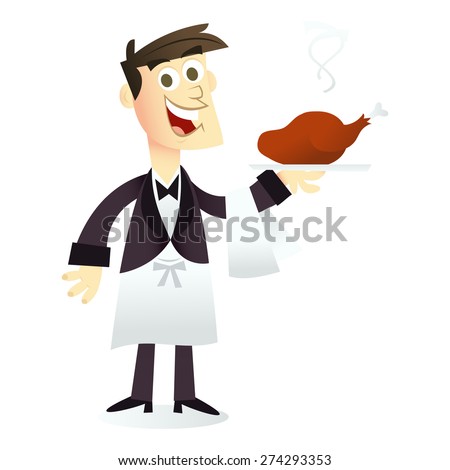 A cartoon vector illustration of a happy smiling waiter holding a dish.