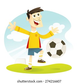 A cartoon vector illustration of a happy soccer player kicking a soccer ball.
