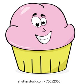 Cartoon vector illustration of a happy strawberry frosted cupcake