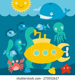 A cartoon vector illustration of a happy submarine underwater exploration adventure. 