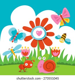 A Cartoon Vector Illustration Of Happy Sweet And Cute Garden Bugs Scene. 