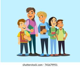 Cartoon vector illustration of happy teen school children with books