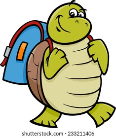 Cartoon Vector Illustration of Happy Turtle Animal Character with Satchel or School Bag