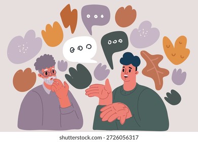 Ilustração vetorial de desenhos animados de Feliz duas gerações pai maduro velho da família masculina e filho jovem sorridente que gosta de conversar conversando. Dois homens