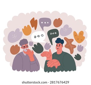 Cartoon vector illustration of Happy two generations male family old senior mature father and smiling young adult grown son enjoying talking chatting