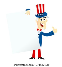 A cartoon vector illustration of a happy uncle sam with a blank sign and doing a thumb up.