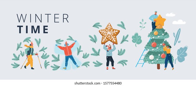 Cartoon Vector Illustration Of Happy  Winter People. Couple Making Preparations Prepare For Christmas, Decorated Tree. And Winter Time Man And Woman. Snow Angels And Nordic Walking..