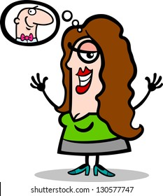 Cartoon Vector Illustration of Happy Woman in Love Thinking about Man