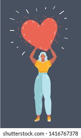 Cartoon vector illustration of Happy woman holding a big red heart in her hand above. Love or like concept. Human character on dark background.