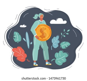 Cartoon vector illustration of happy woman embracing big coin. Success and get money concept. Human female character on dark.