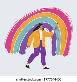 Cartoon vector illustration of happy woman paint rainbow on white background.