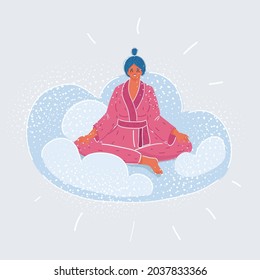 Cartoon vector illustration of happy woman sitting on cloud with peaceful and thinking expression on face. Character on white background.