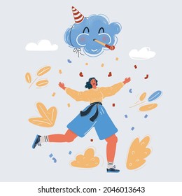 Cartoon vector illustration of happy woman with arms up and runing to celebrate