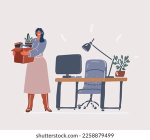 Cartoon vector illustration of happy woman standing hear working space and feeling happiness because of new position at work.