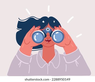 Dibujo vectorial de una mujer feliz sosteniendo binocular y mirando hacia el futuro. Observación, descubrimiento, concepto futuro