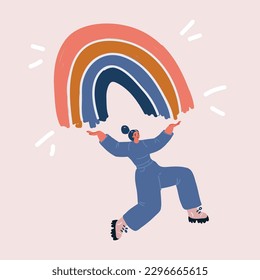 Dibujo vectorial de la mujer feliz con el arco iris en marcha