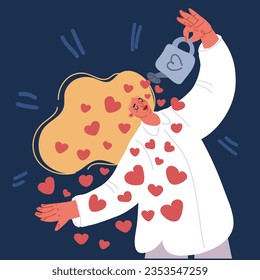 Cartoon vector illustration of Happy woman hugging herself. Positive lady expressing self love and care. Body positive, confidence conceptover dark backround