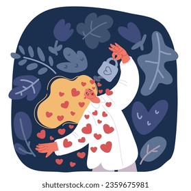 Cartoon vector illustration of Happy woman love with herself. Positive lady expressing self love and care over dark backround
