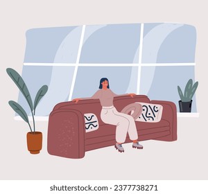Cartoon vector illustration of happy woman sitting on sofa
