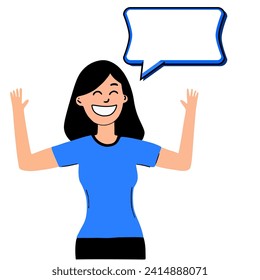 Cartoon vector illustration of happy woman wear blue shirt raising both hands in joy with empty speech bubble above her head over white background