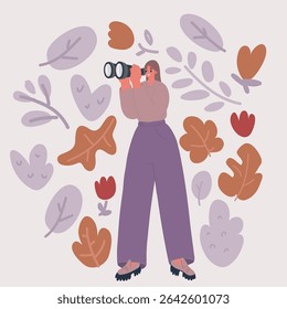 Cartoon vector illustration of Happy woman holding huge binocular and looking far ahead. Concept of observation, discovery, future concept