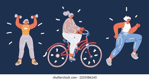 Cartoon vector illustration of Happy women in sports. Rides bike , mom runs in park, doing exersice with dumbell over dark background