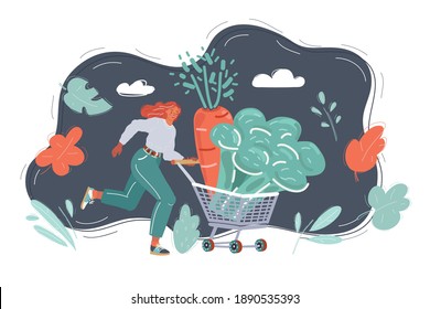 Cartoon vector illustration of Happy young woman run home with shopping carts full of vegan groceries. Healthy food concept. Big vegetables on dark background.