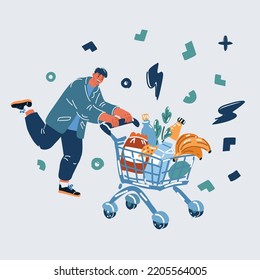 Dibujo vectorial de un joven feliz corriendo con un carro de la compra completo