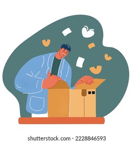 Cartoon vector illustration of Happy young man unpacking box at home
